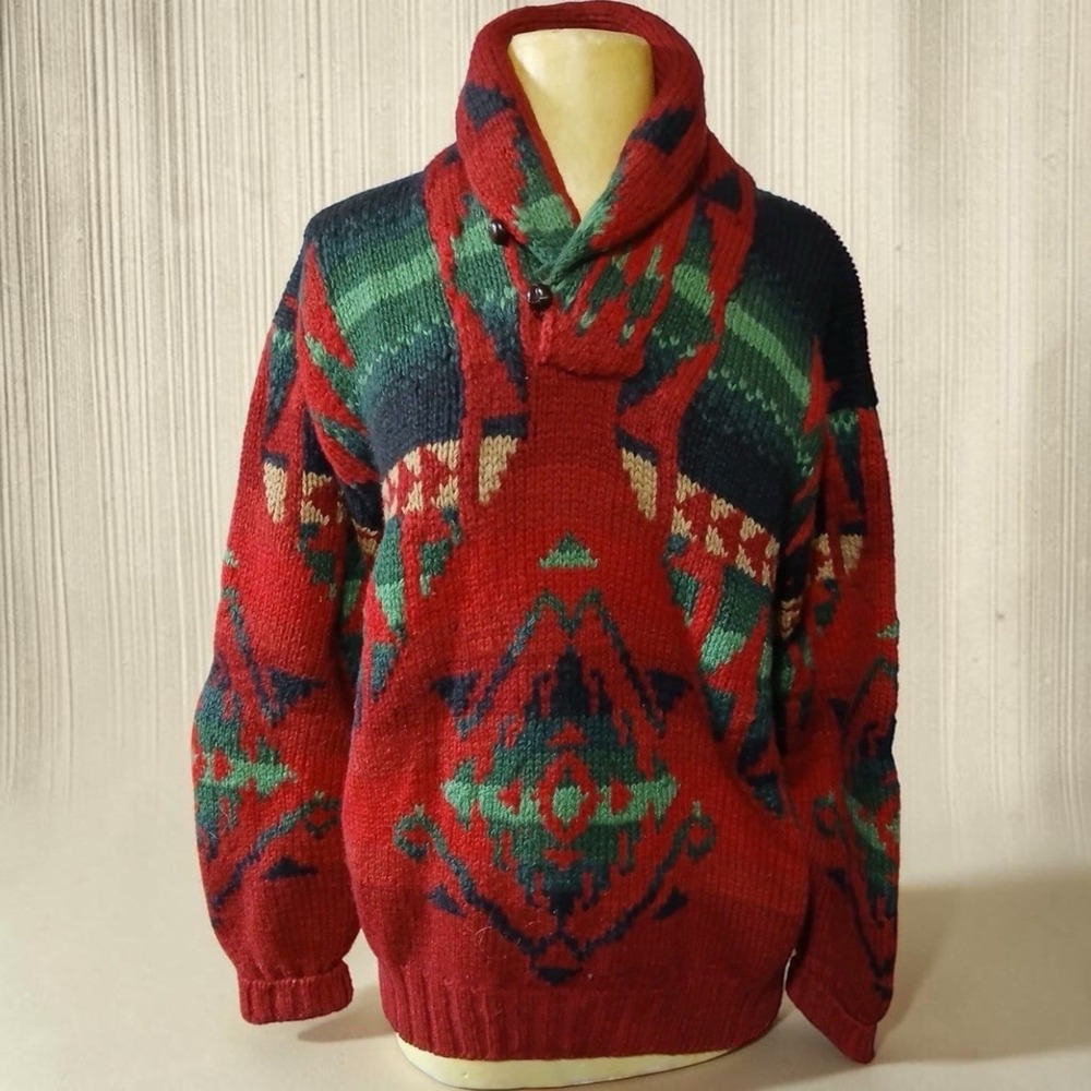 Vintage Polo Ralph Lauren Wool Hand Knit Southwestern Aztec Shawl Sweater M